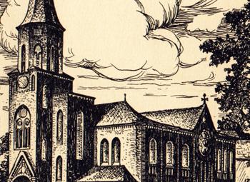 Litografia przedstawiająca Kościół Gwiazdy Morza z 1942 r. źródło: TPS