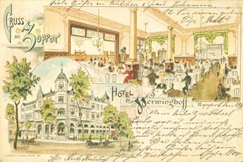 Hotel Werminghoff widziany od strony ul. Północnej oraz sala restauracyjna we wnętrzu hotelu, litografia z 1899 r. źródło: KC
