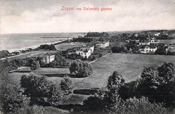 Widok na łąki dolnego Sopotu ze wzgórza przy Willi Solzenfels, zdjęcie z 1905 r.  źródło: KC