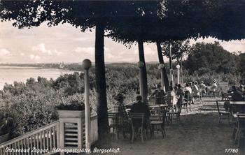 Widok z tarasu restauracji Górski Zamek, na którym niegdyś znajdowały się stoliki kawiarniane i rozciągał widok na Zatokę Gdańską, zdjęcie z ok. 1920 r.  źródło: MM