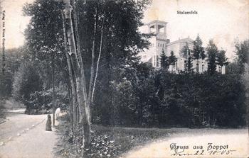 Willa Stolzenfels widziana z ul. Łąkowej (obecnie ul. Haffnera) na wysokości wejścia na taras kawiarniany, zdjęcie z 1905 r. źródło: KC
